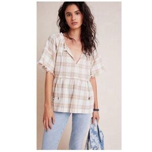 Pilcro Anthropologie Bette Beige Plaid Babydoll Linen Blouse Top size Small